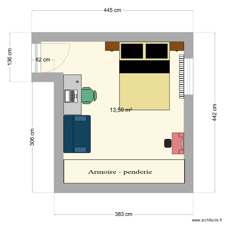 CHAMBRE SOLENE. Plan de 1 pièce et 14 m2