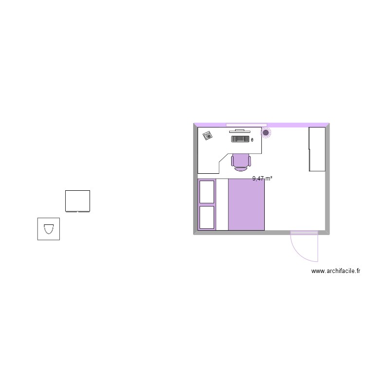 Chambre bonne dimension. Plan de 1 pièce et 9 m2