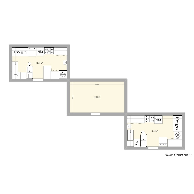 cuisine. Plan de 3 pièces et 45 m2