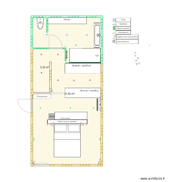 Mas étage 1. Plan de 2 pièces et 35 m2