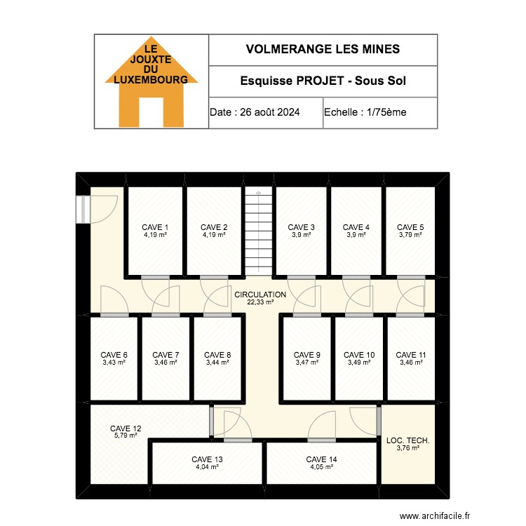 VOLMERANGE LES MINES - PROJET - SOUS SOL. Plan de 16 pièces et 81 m2