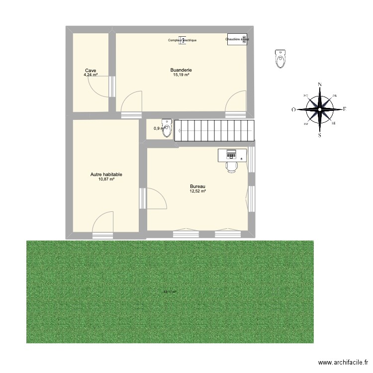 Galilée Sous sol. Plan de 5 pièces et 44 m2