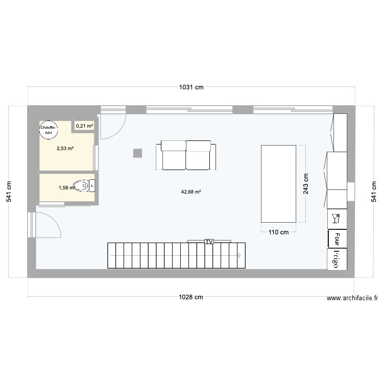 RDC. Plan de 4 pièces et 52 m2