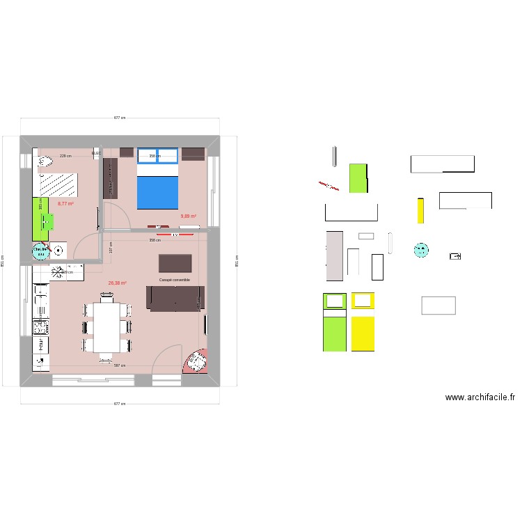 new 45m2 1ch. Plan de 3 pièces et 45 m2