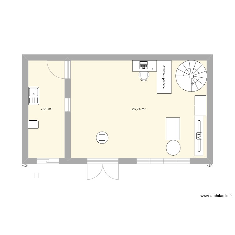 magasin. Plan de 2 pièces et 34 m2