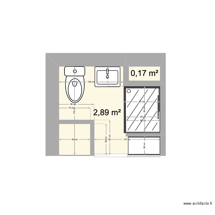 ISOLA SDB. Plan de 2 pièces et 3 m2