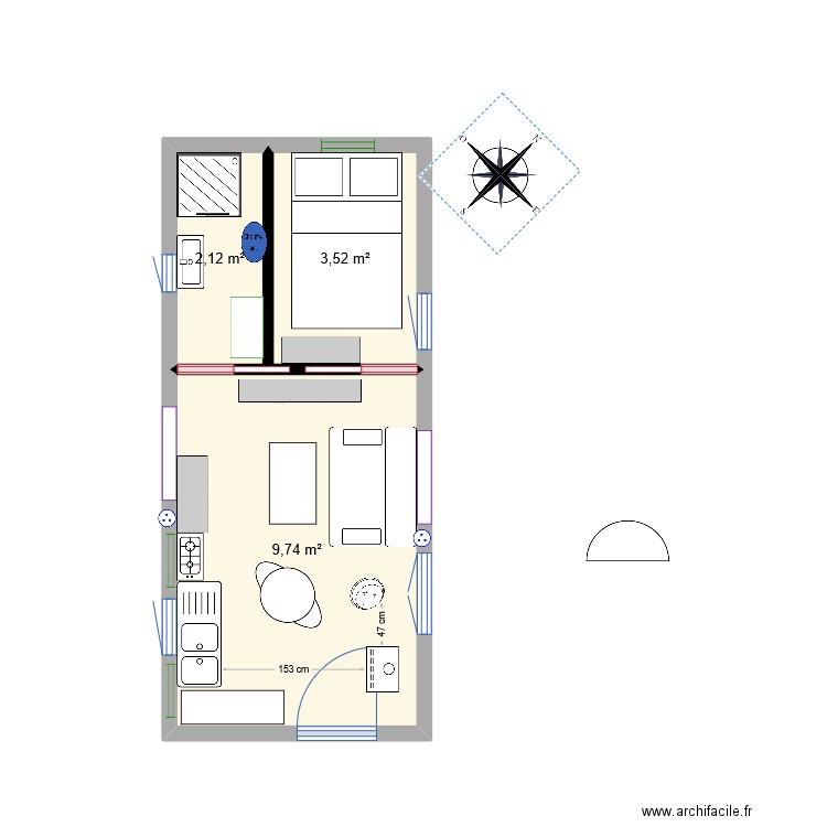 Roulotte. Plan de 3 pièces et 15 m2