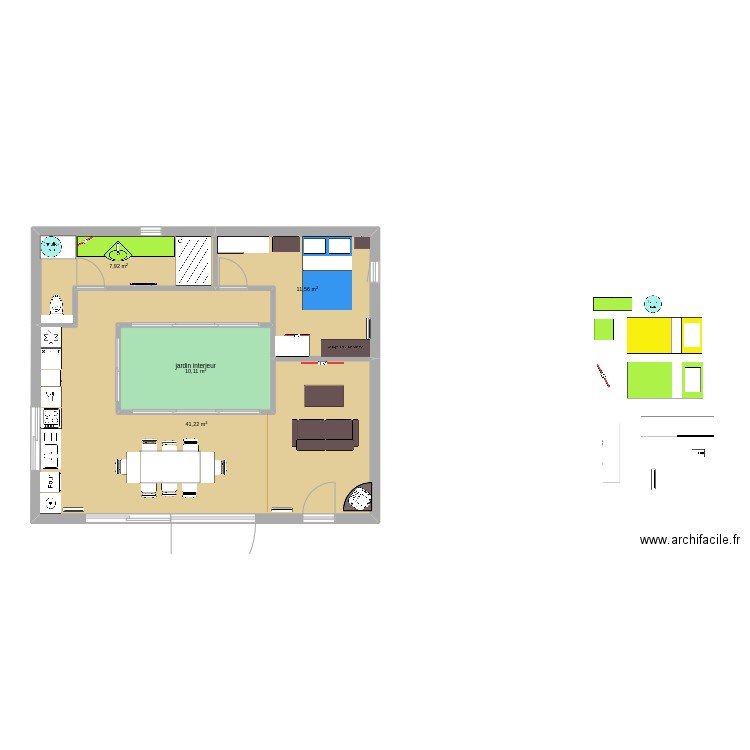 jardin interieur. Plan de 4 pièces et 71 m2