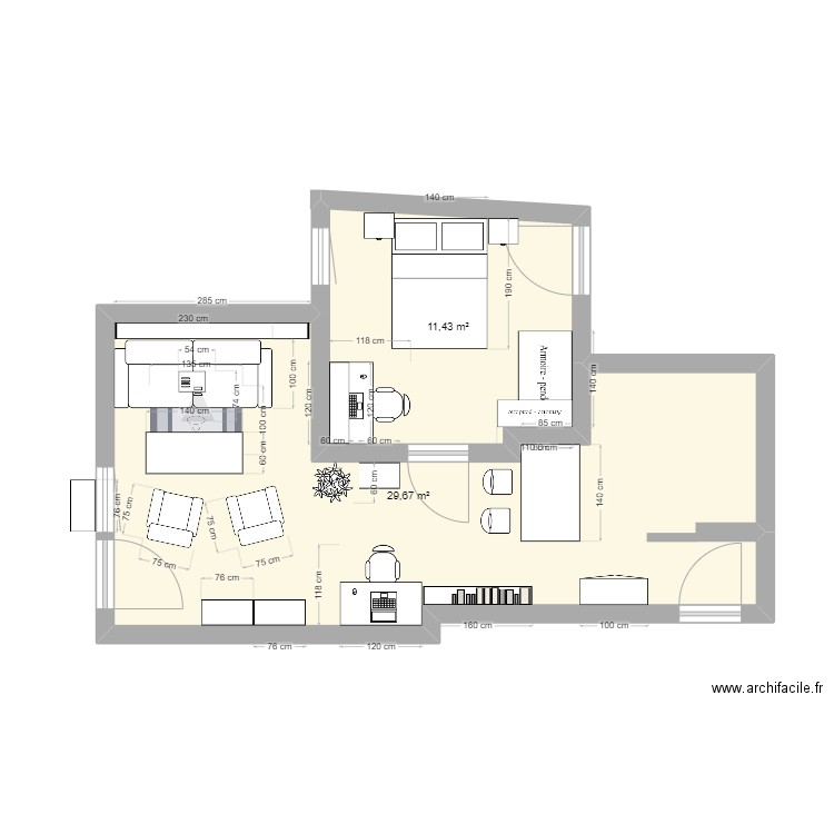 878877. Plan de 2 pièces et 41 m2