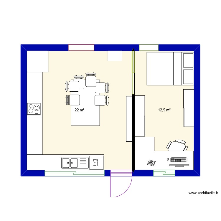 ccu. Plan de 2 pièces et 35 m2