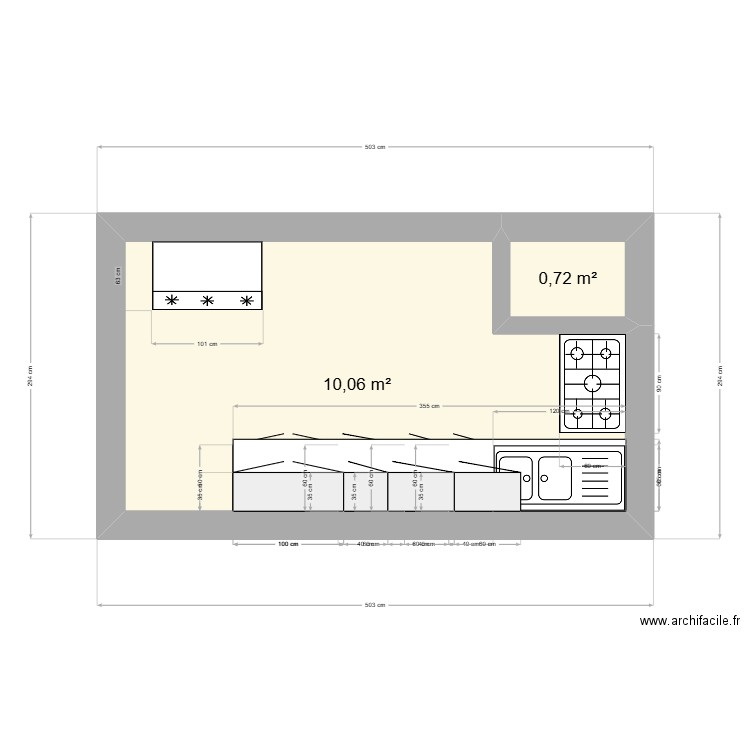 cuisine. Plan de 2 pièces et 11 m2