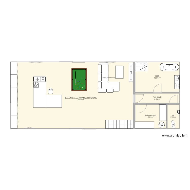 SALON SALLE  MANGER. Plan de 5 pièces et 98 m2