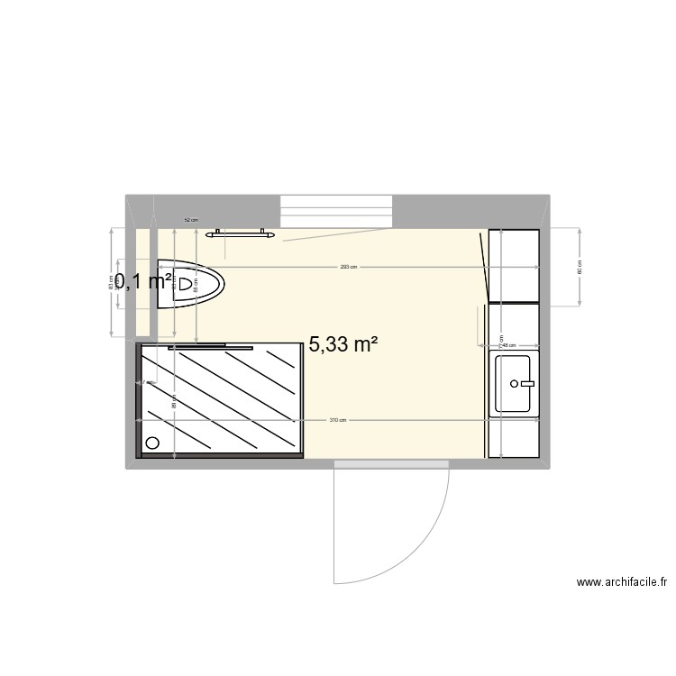 SDB Michèle1. Plan de 2 pièces et 5 m2