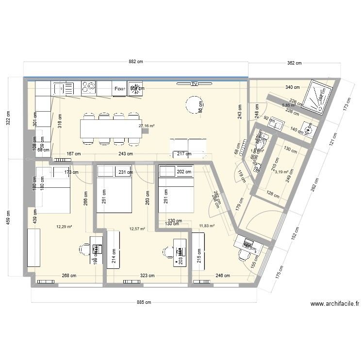 Moissons RDC avec cuisine v2. Plan de 7 pièces et 76 m2