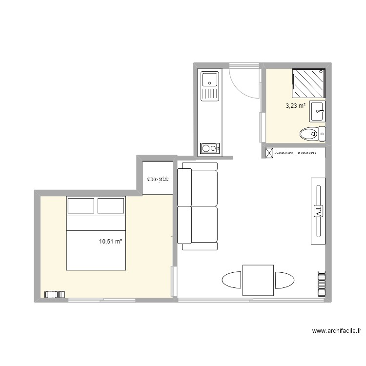 T1Bis. Plan de 2 pièces et 14 m2