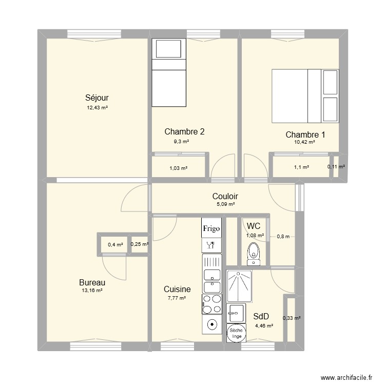 appartement Francois. Plan de 14 pièces et 67 m2