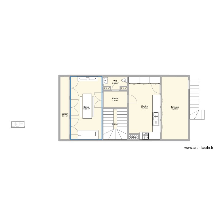 Maison 1er étage. Plan de 10 pièces et 59 m2