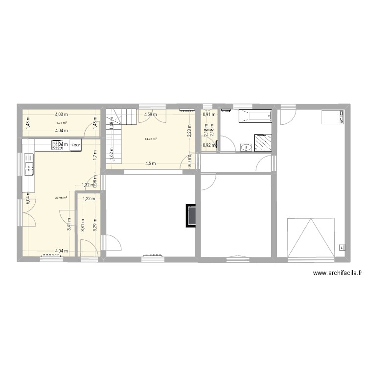 RDC actuel. Plan de 4 pièces et 46 m2