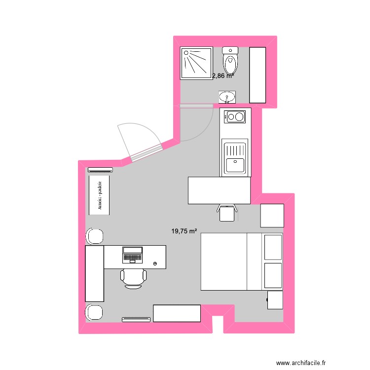 Studio étudiant témoin n°2. Plan de 2 pièces et 23 m2