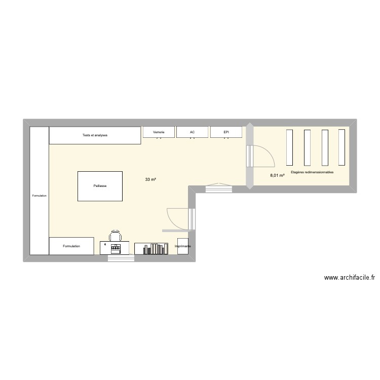 Laboratoire cosmétique. Plan de 2 pièces et 41 m2