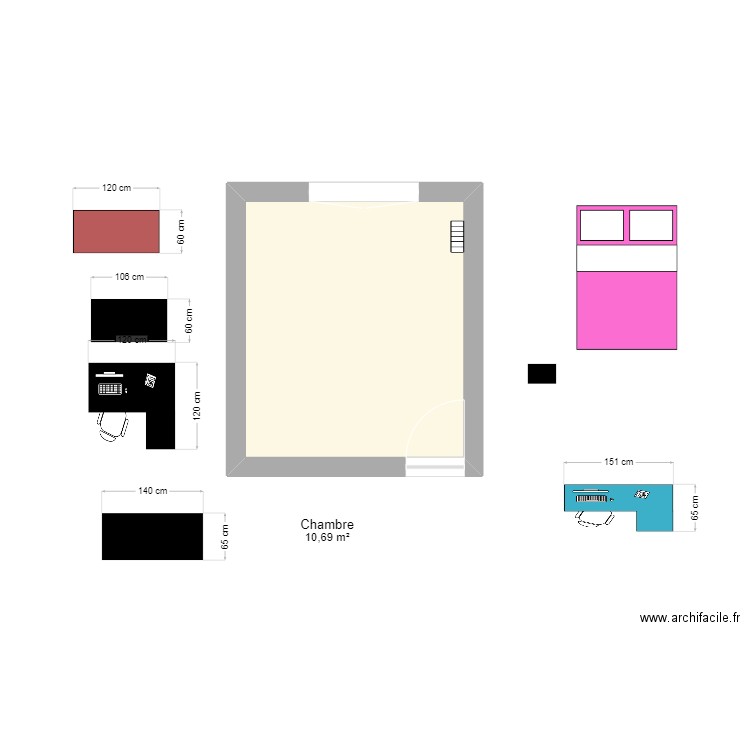 chambre. Plan de 1 pièce et 11 m2