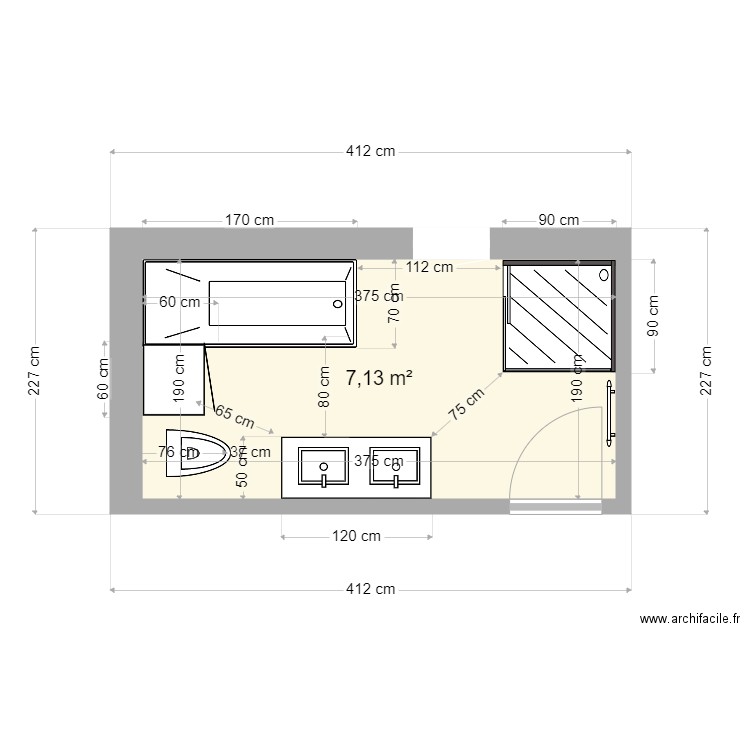 SdB. Plan de 1 pièce et 7 m2