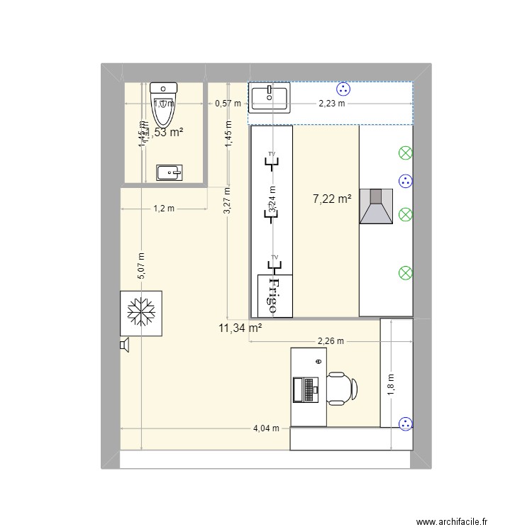 Friterie. Plan de 3 pièces et 20 m2