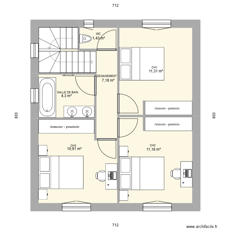 HEURTAUX AVP 1 ETAGE. Plan de 6 pièces et 46 m2