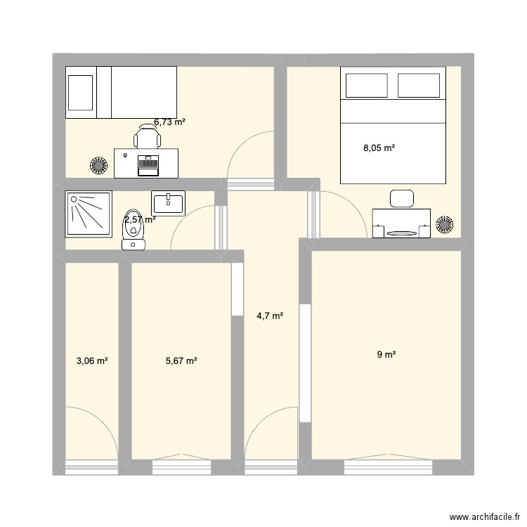 50 metre carre. Plan de 7 pièces et 40 m2