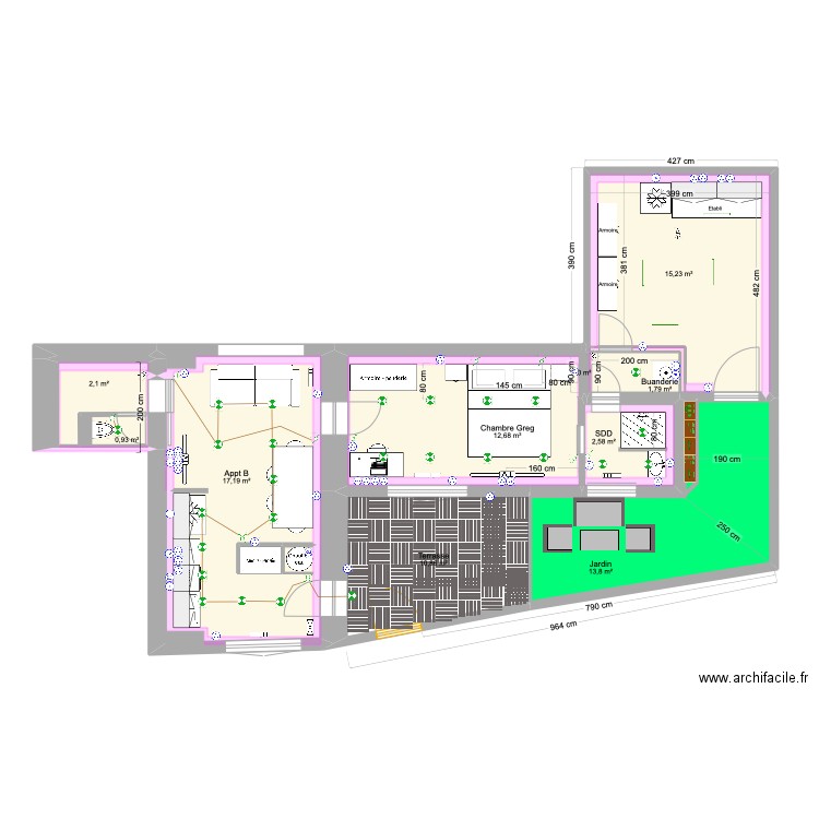 Appt B électricité. Plan de 15 pièces et 82 m2