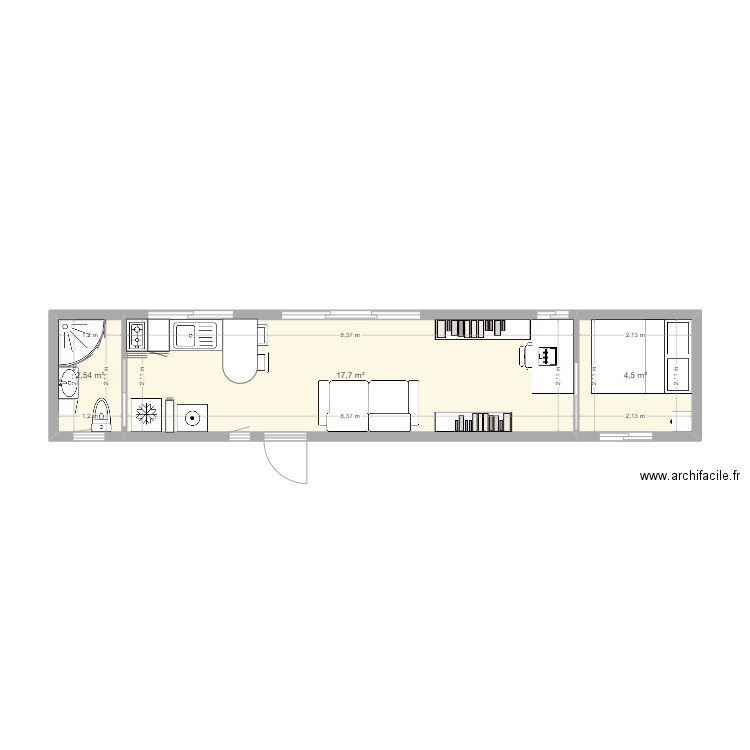 Container 40 feet essai 19. Plan de 3 pièces et 25 m2