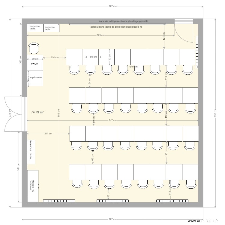 salle H007 4 lignes 80cm*80cm. Plan de 1 pièce et 75 m2