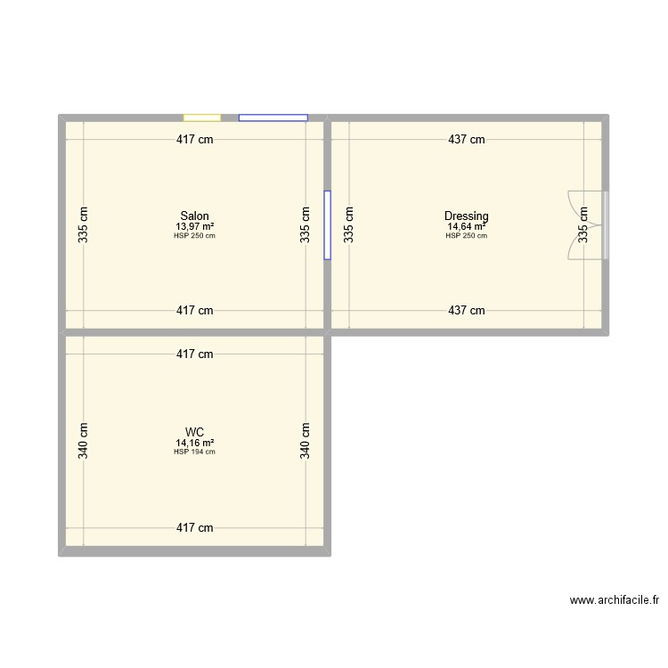 sous sol. Plan de 3 pièces et 43 m2