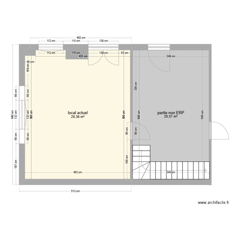 local. Plan de 2 pièces et 49 m2