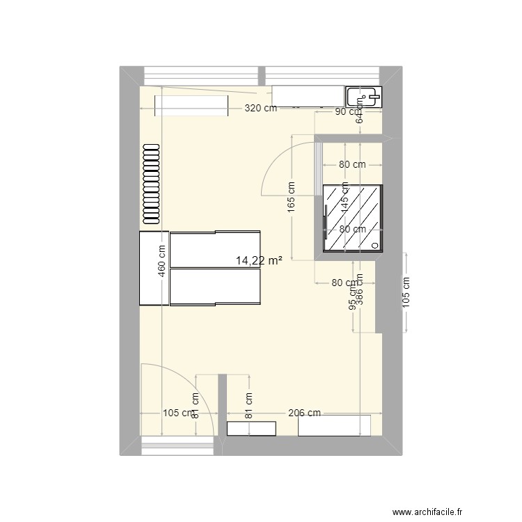 Vestiaire fille. Plan de 1 pièce et 14 m2