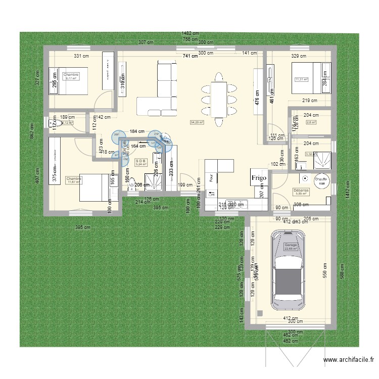 107 m2 + 23m2 garage. Plan de 10 pièces et 129 m2