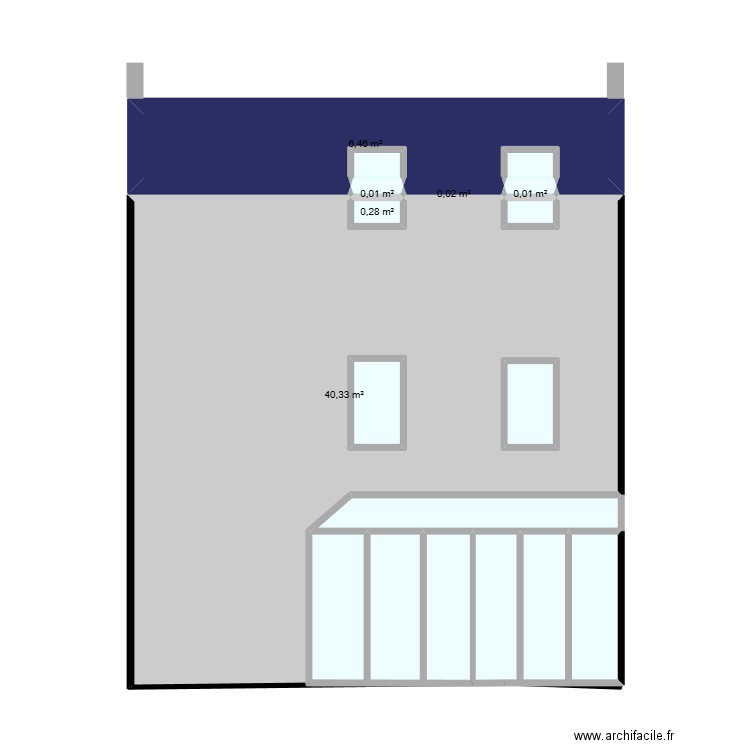 facade jardin. Plan de 14 pièces et 65 m2