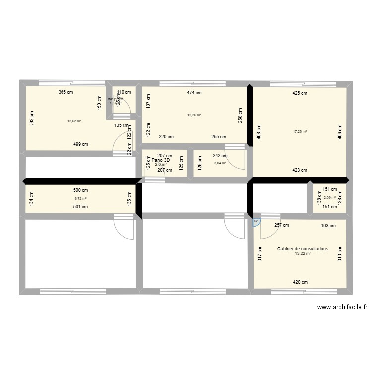 Plan cabinet transformé studios. Plan de 9 pièces et 71 m2