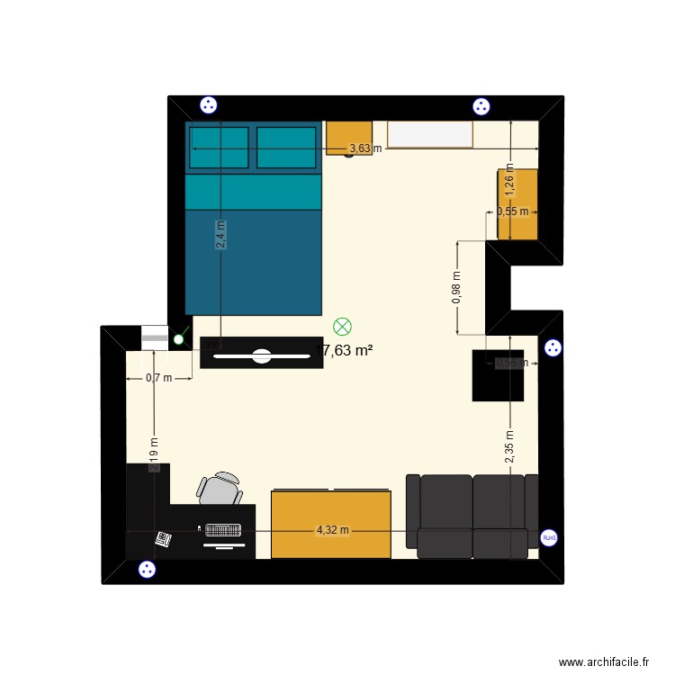 chambre. Plan de 1 pièce et 18 m2