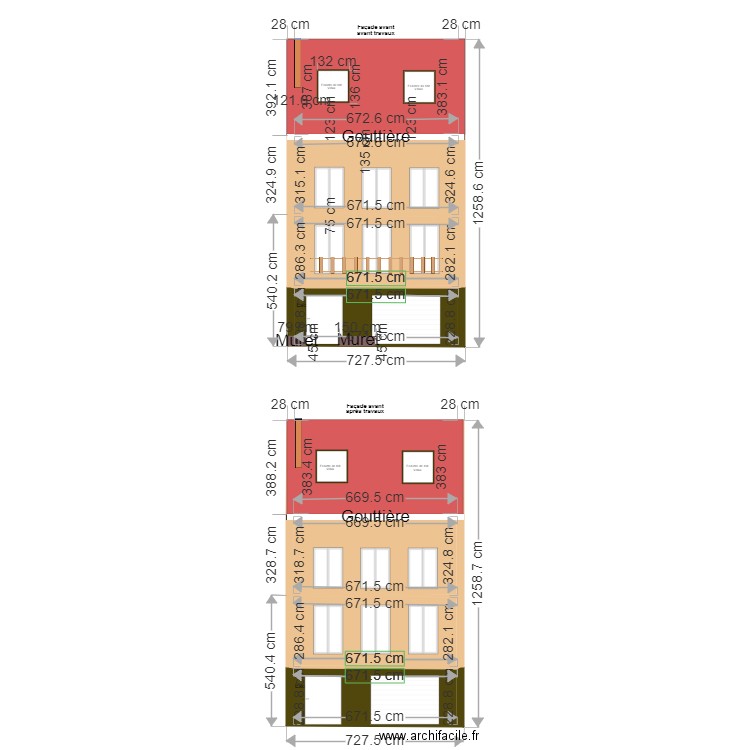 20201100117 Façade Avant avant et après travaux balcon. Plan de 6 pièces et 112 m2