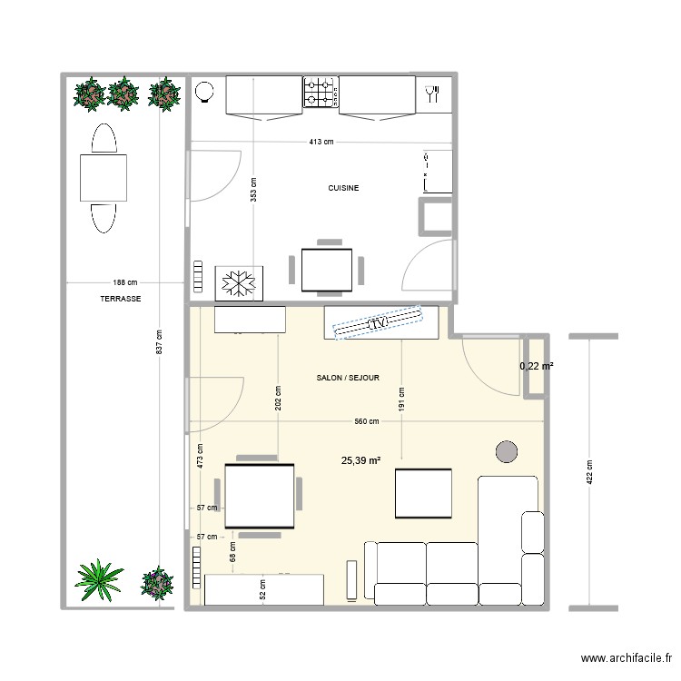 sejour salon PIE. Plan de 2 pièces et 26 m2