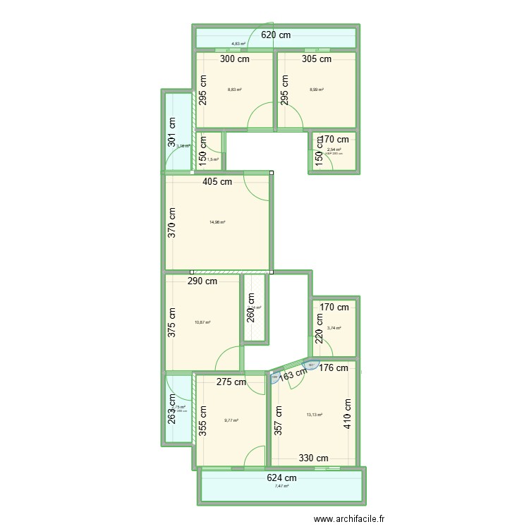 plan initial. Plan de 14 pièces et 95 m2