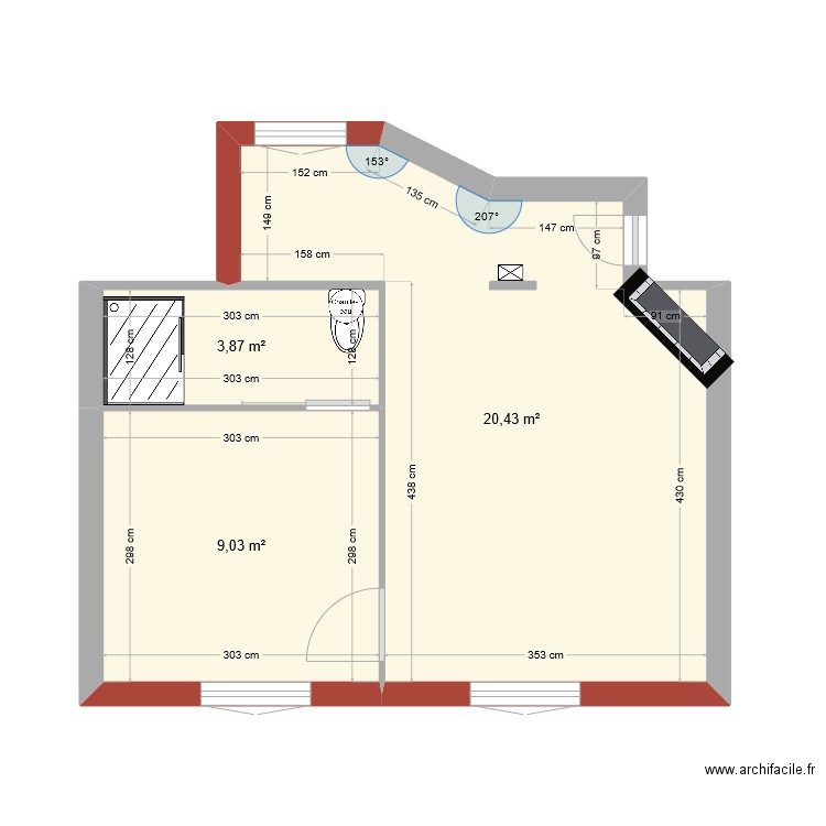 plan final avec ouverture cuisine. Plan de 3 pièces et 33 m2