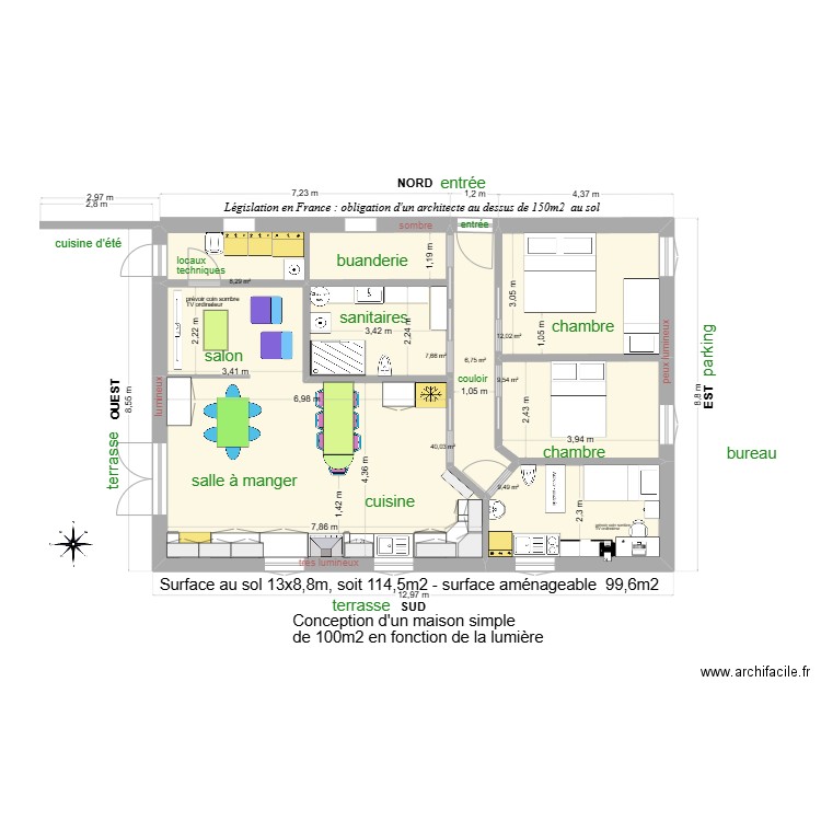 Maison Sud 100m2 07. Plan de 7 pièces et 94 m2