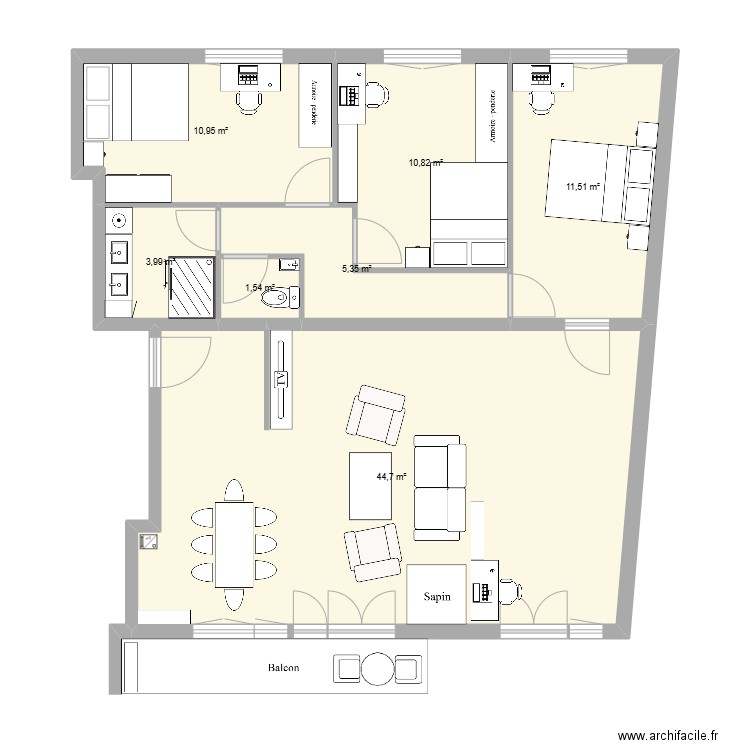 Appartement manou aménagé. Plan de 7 pièces et 89 m2