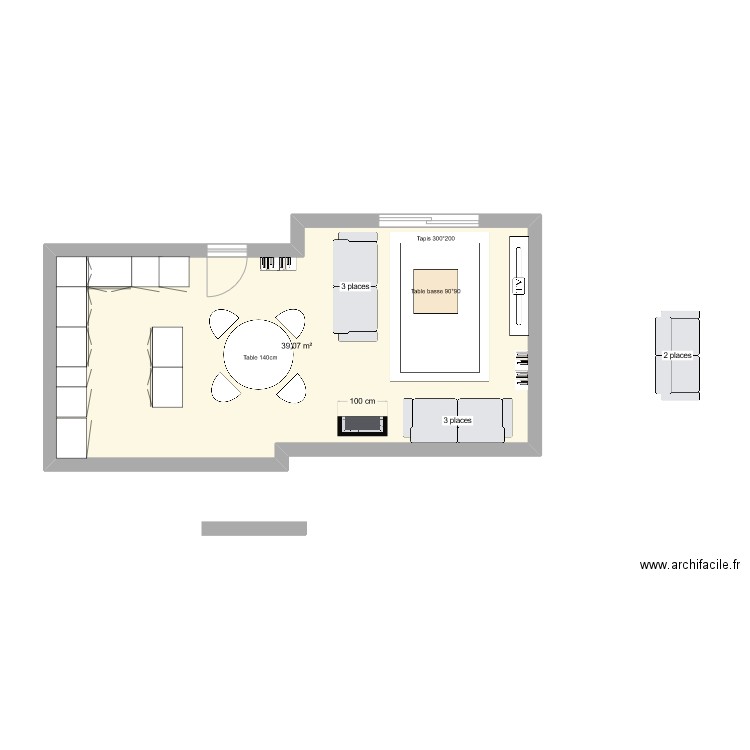 plachy40m_cuisine-salle-salon_canape3places+3places. Plan de 1 pièce et 38 m2