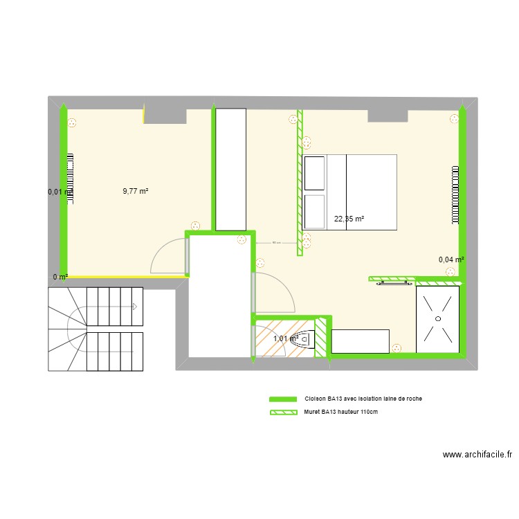 DUMORTIER - COMBLES. Plan de 6 pièces et 33 m2