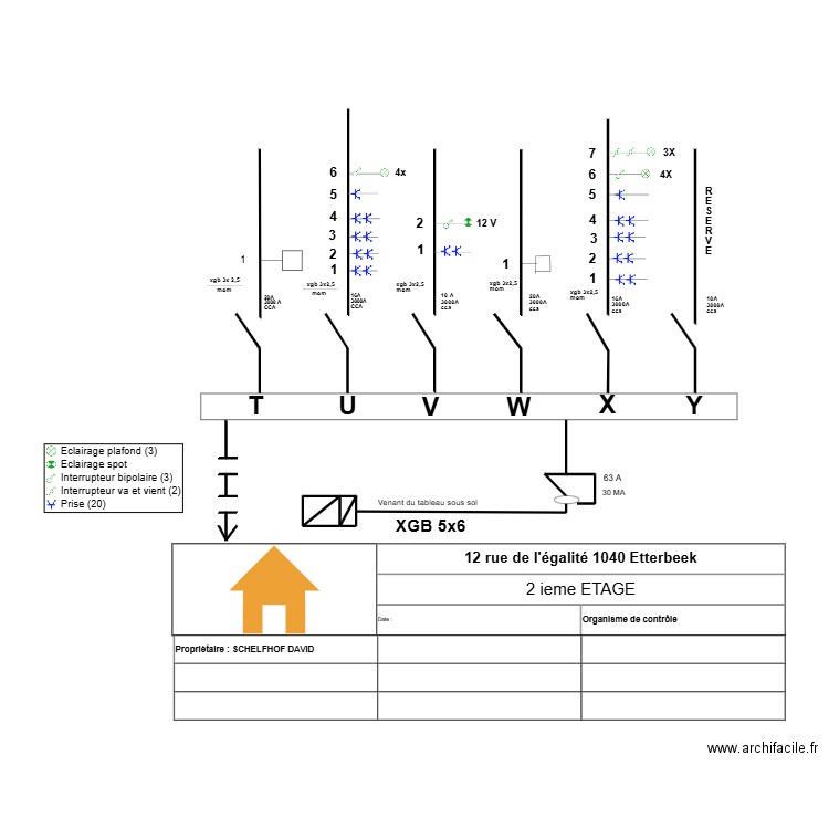 Schéma unifilaire 2 ieme étage. Plan de 4 pièces et 1 m2