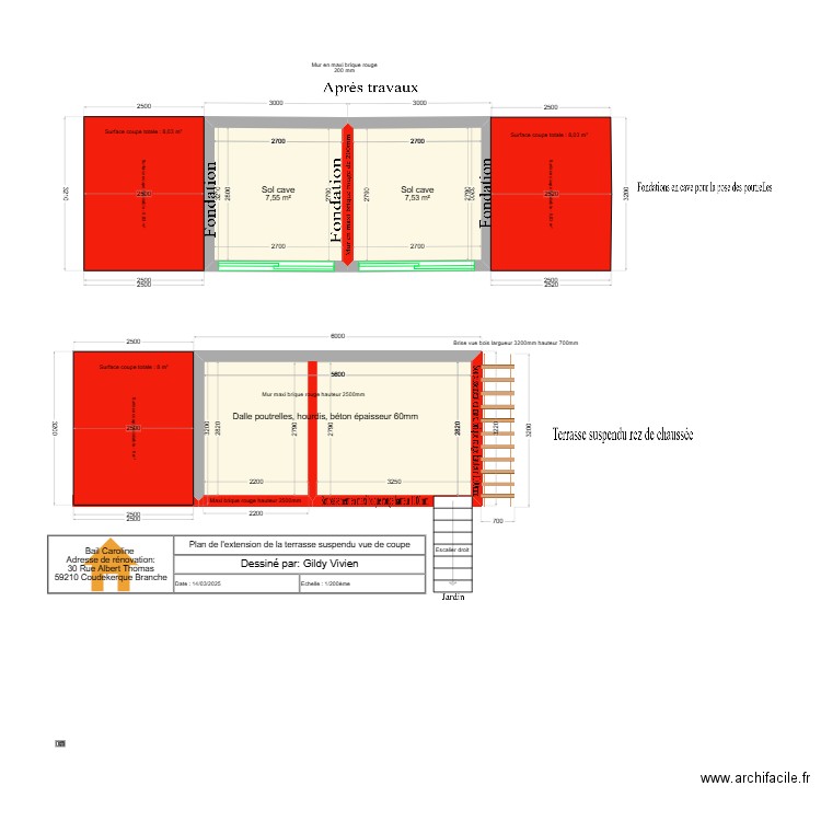 plan extension et vue de coupe.. Plan de 4 pièces et 48 m2