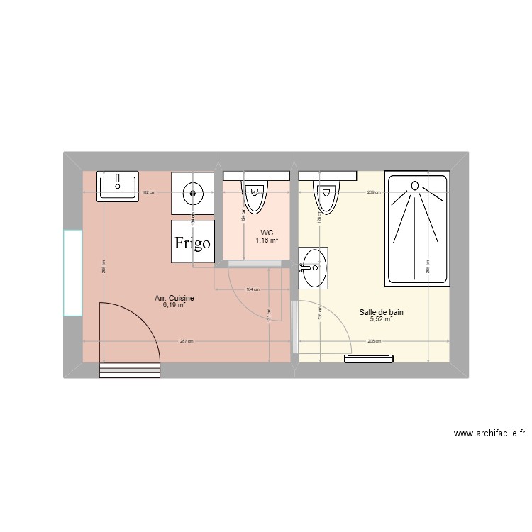 G1 SDB rdc 2. Plan de 3 pièces et 13 m2